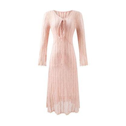 Sweet Jacquard Grid Chic Long Sleeve Dress Autumn Elegant Slim Midi Dress by Ragazza