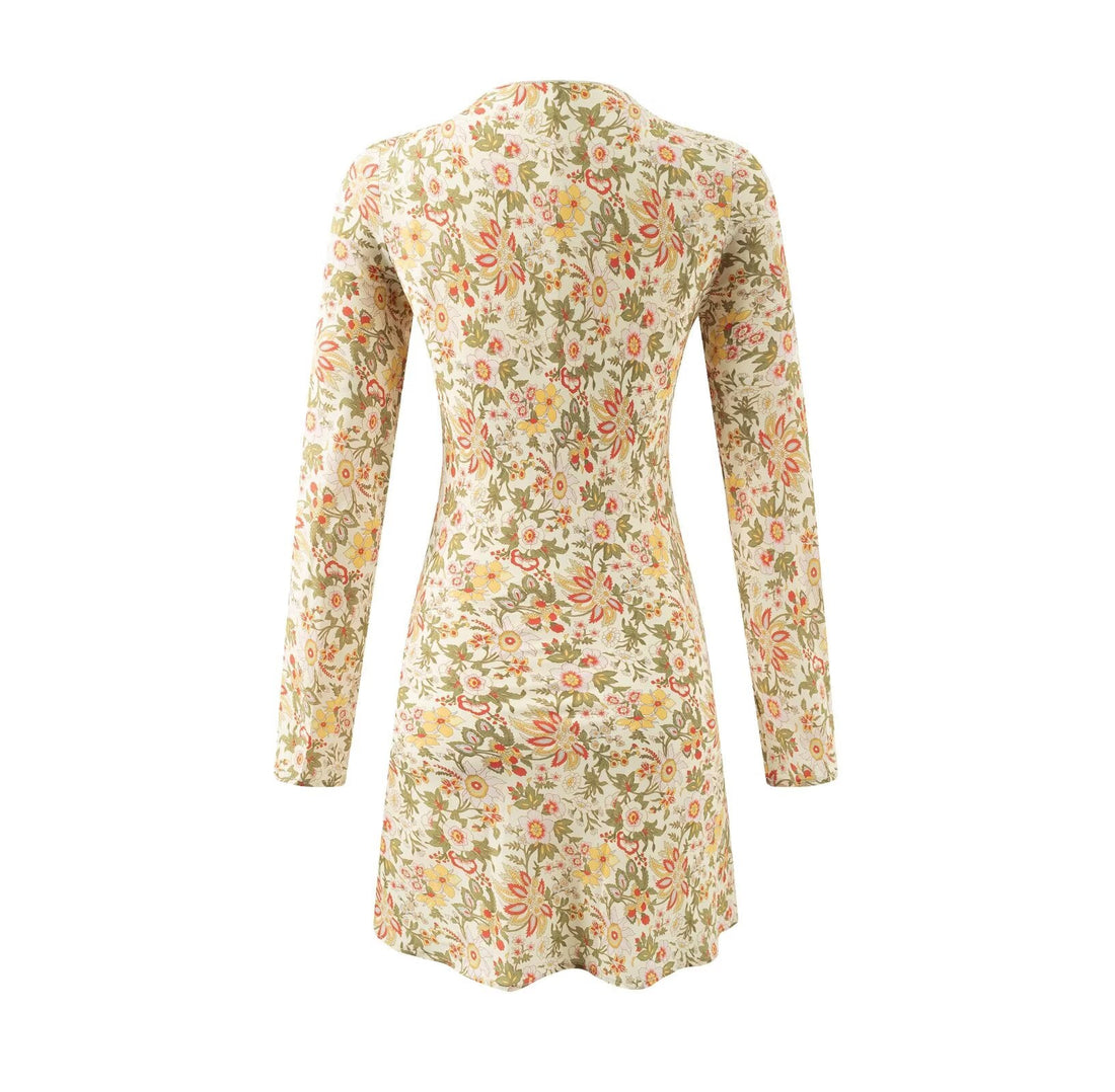 Summer Casual Elegant Floral Printed V neck Tied Long Sleeves Dress by Ragazza