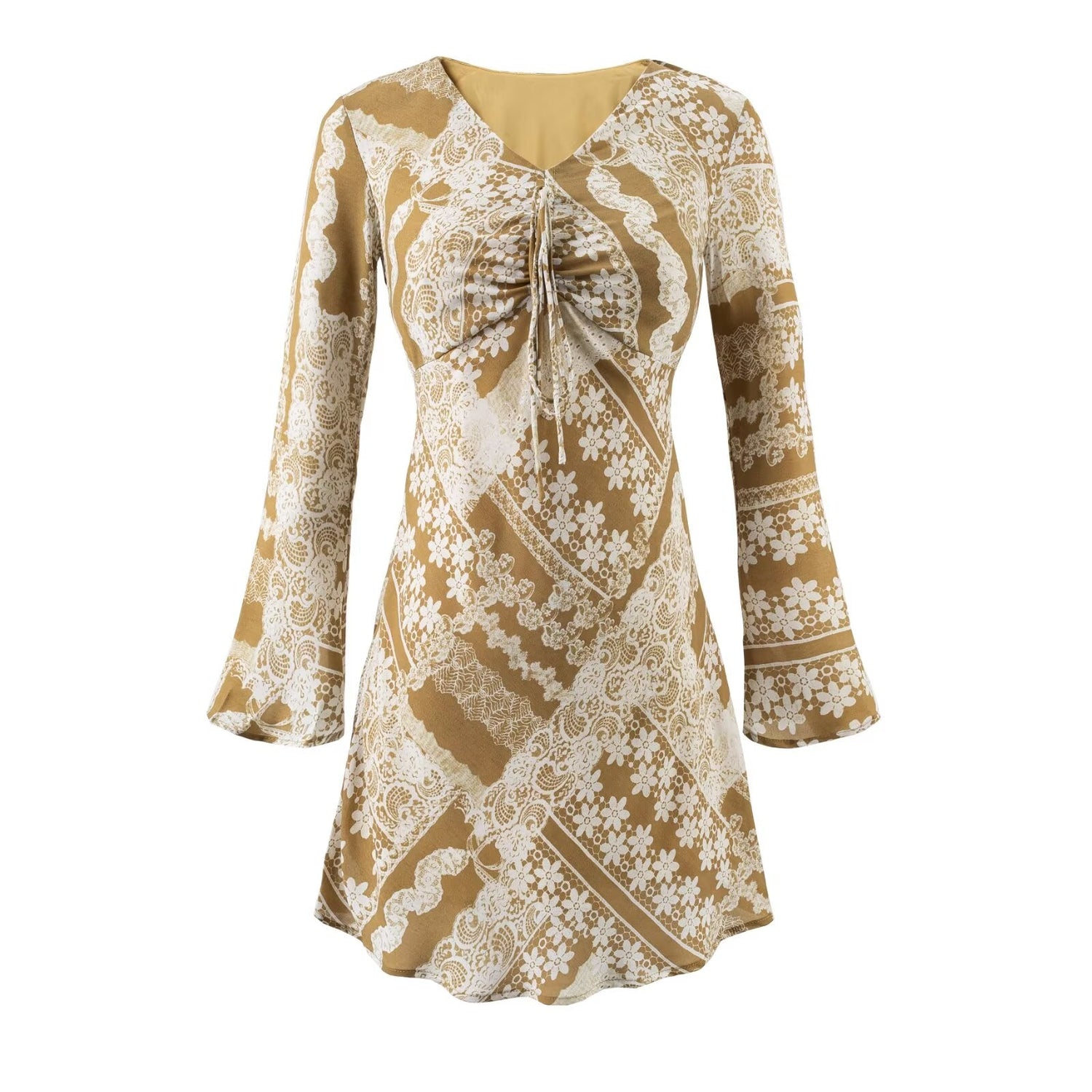 Summer Fashionable Retro Color Printing V neck Lace up Micro Pull Long Sleeve Dress by Ragazza