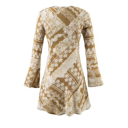 Summer Fashionable Retro Color Printing V neck Lace up Micro Pull Long Sleeve Dress by Ragazza