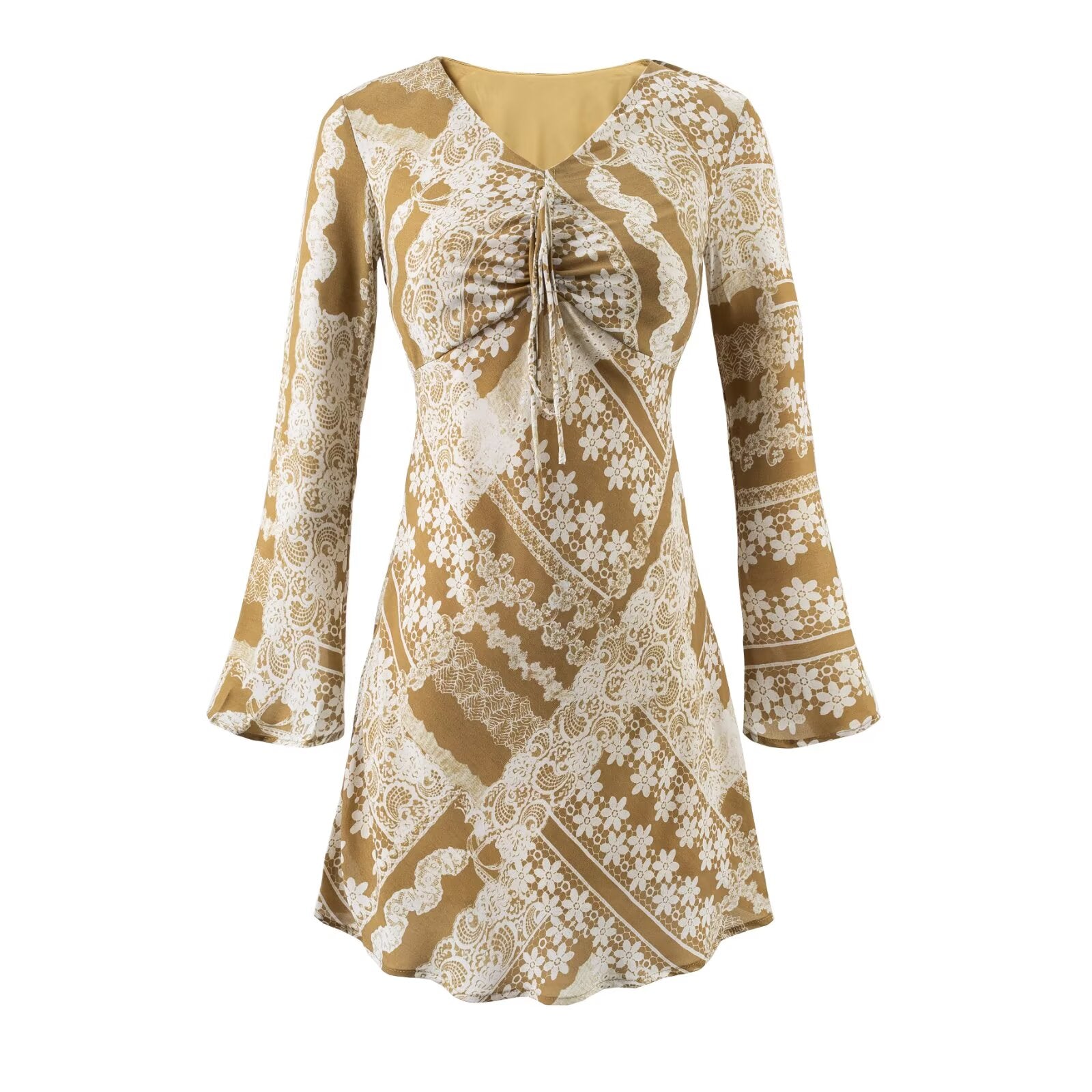 Summer Fashionable Retro Color Printing V neck Lace up Micro Pull Long Sleeve Dress by Ragazza