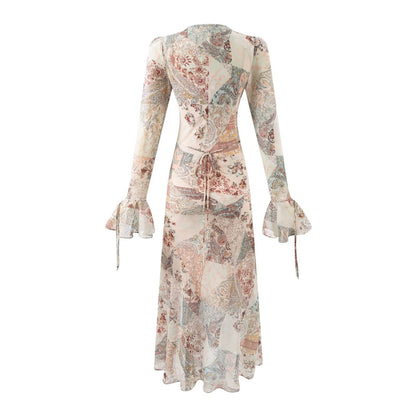 Summer Women Long Sleeved V neck Printed Dress Women by Ragazza