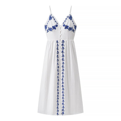 Women Clothing Fall Vacation Embroidered Strap Mid Length Dress by Ragazza