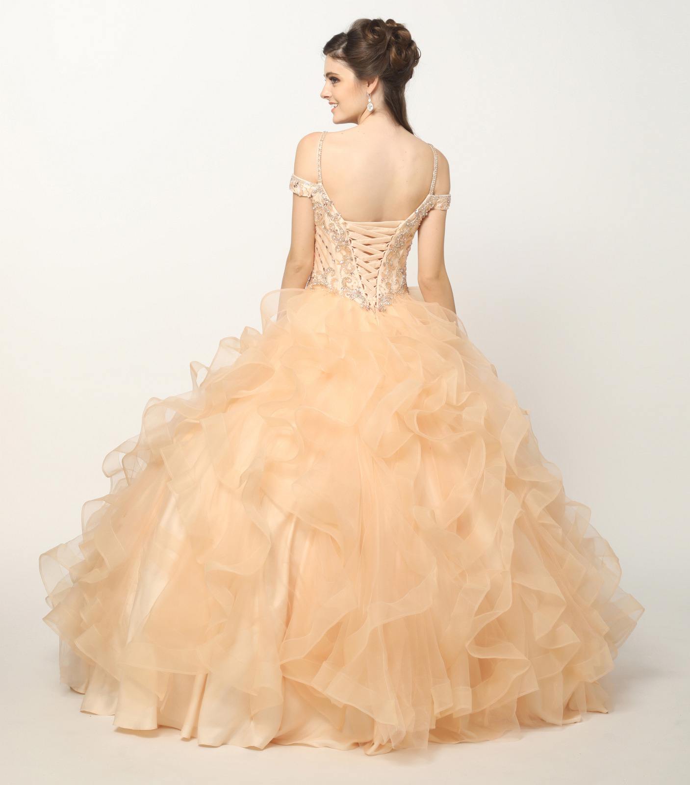 Juliet 1421 Cinderella Ball Gown Ruffled Tulle Cold Shoulder Embroidered Bodice by DiscountDressShop