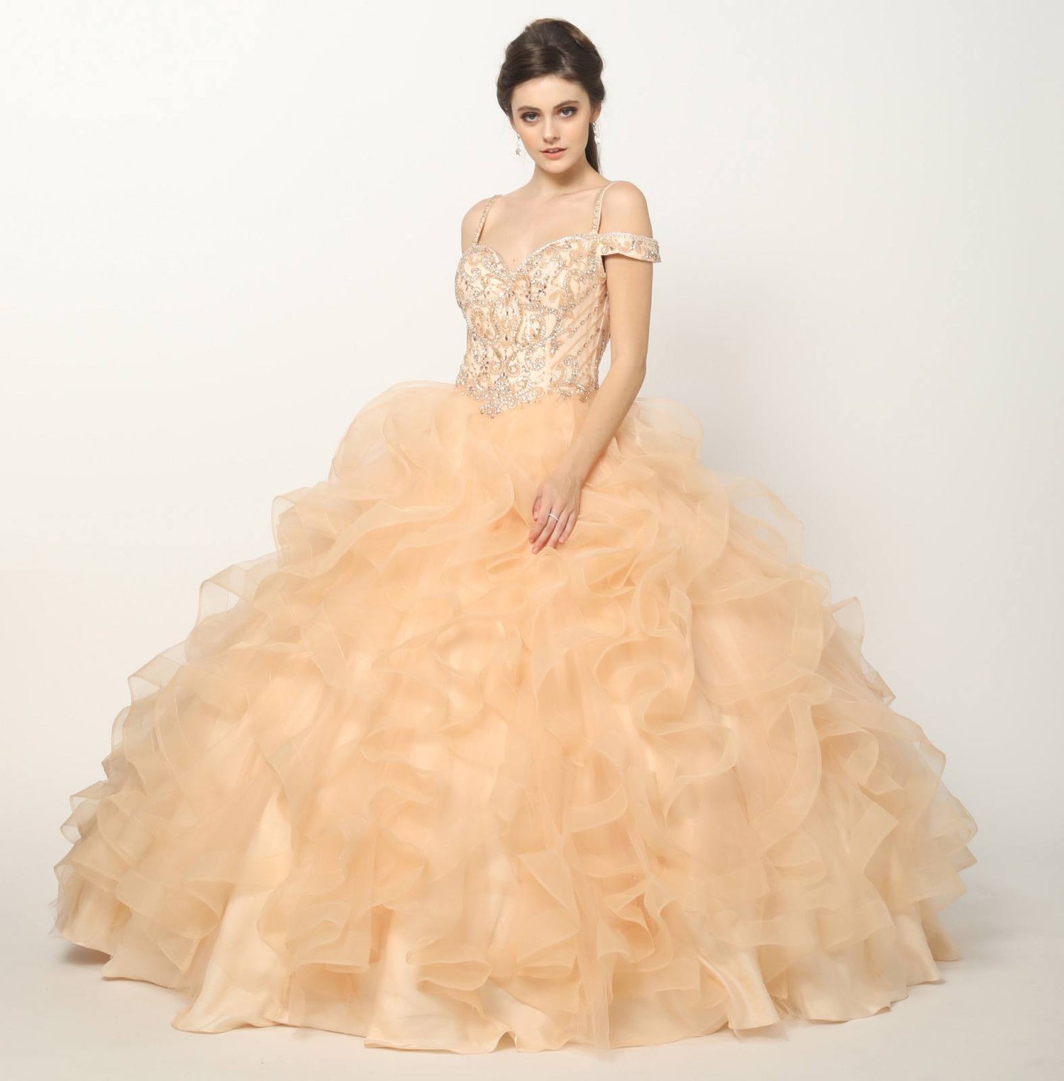 Juliet 1421 Cinderella Ball Gown Ruffled Tulle Cold Shoulder Embroidered Bodice by DiscountDressShop