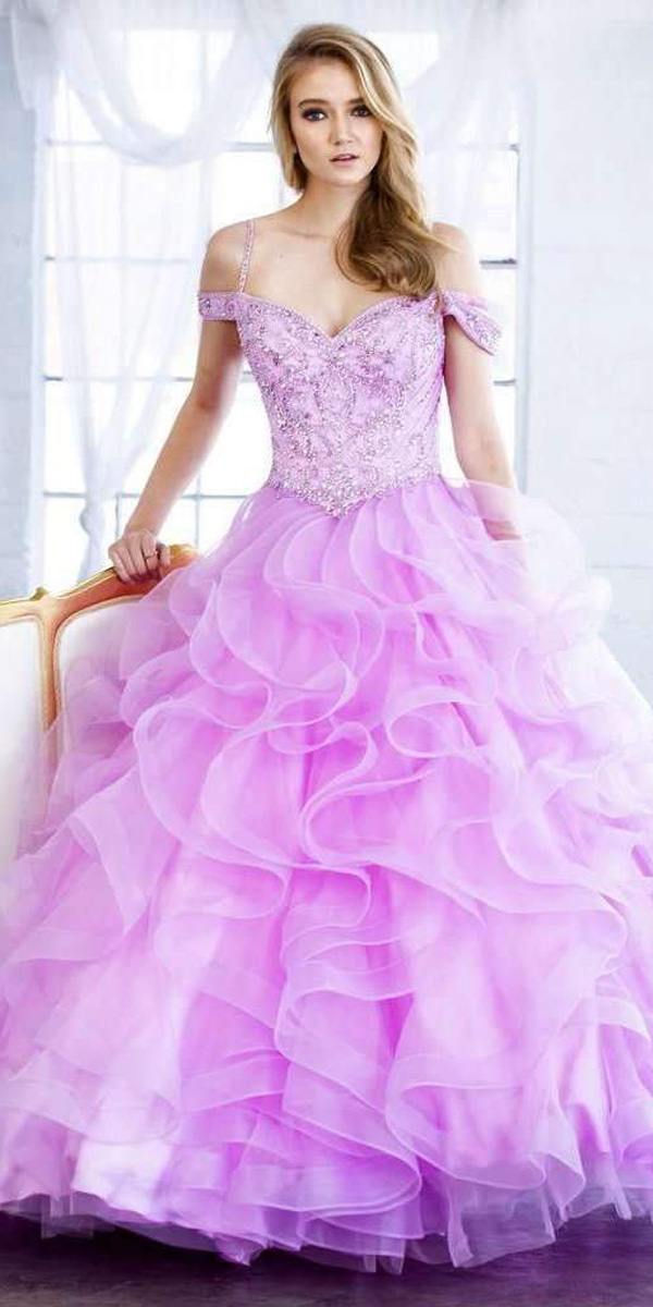 Juliet 1421 Cinderella Ball Gown Ruffled Tulle Cold Shoulder Embroidered Bodice by DiscountDressShop