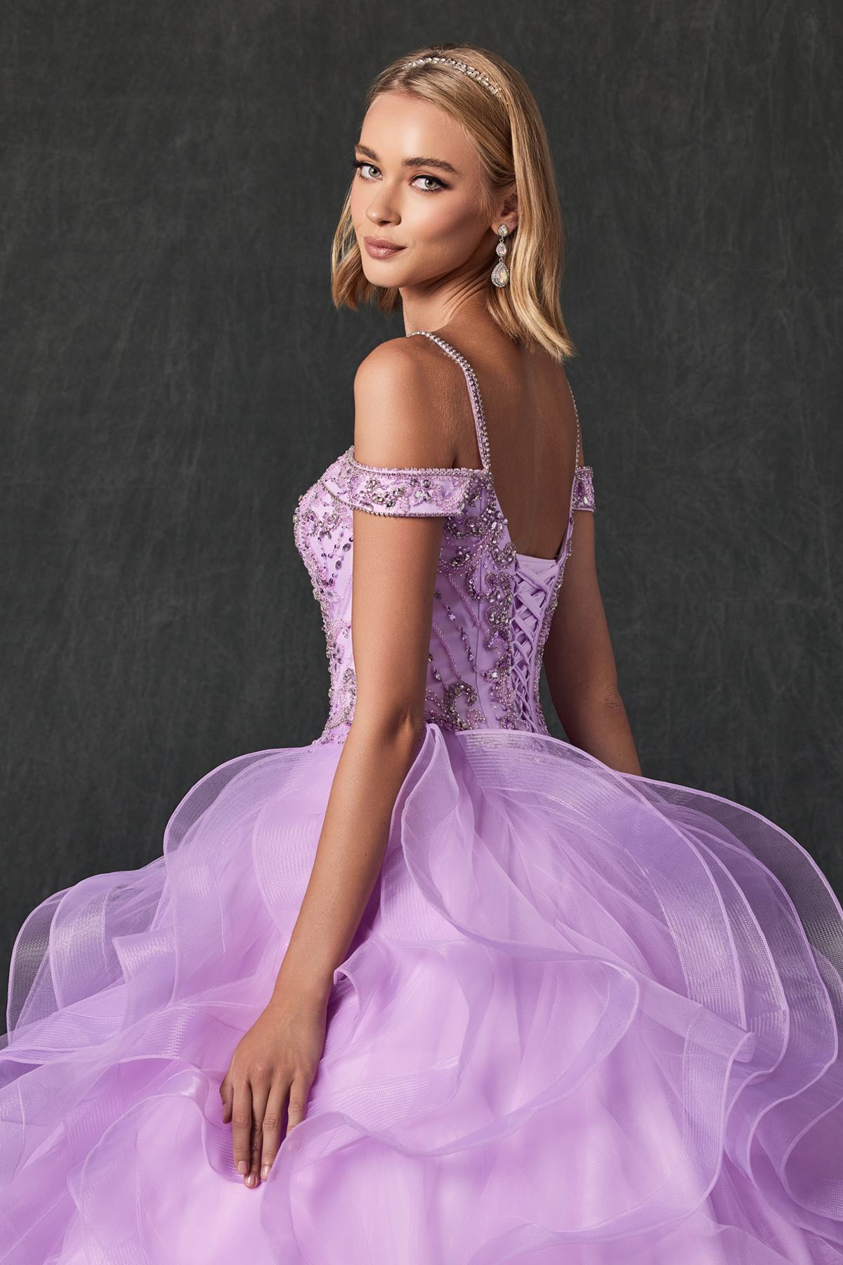 Juliet 1421 Cinderella Ball Gown Ruffled Tulle Cold Shoulder Embroidered Bodice by DiscountDressShop