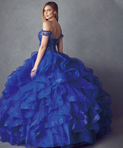 Juliet 1421 Cinderella Ball Gown Ruffled Tulle Cold Shoulder Embroidered Bodice by DiscountDressShop