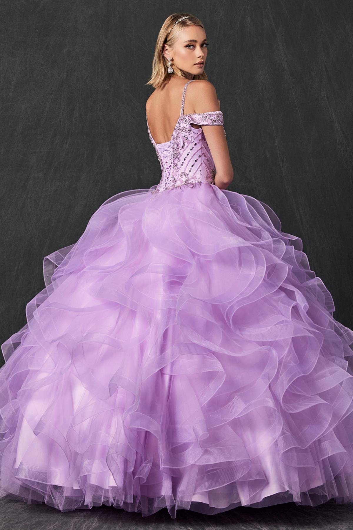 Juliet 1421 Cinderella Ball Gown Ruffled Tulle Cold Shoulder Embroidered Bodice by DiscountDressShop