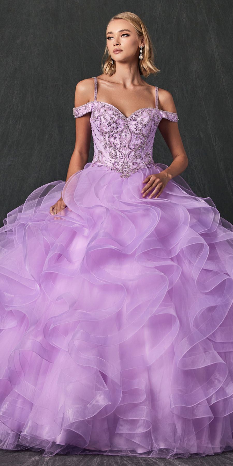Juliet 1421 Cinderella Ball Gown Ruffled Tulle Cold Shoulder Embroidered Bodice by DiscountDressShop