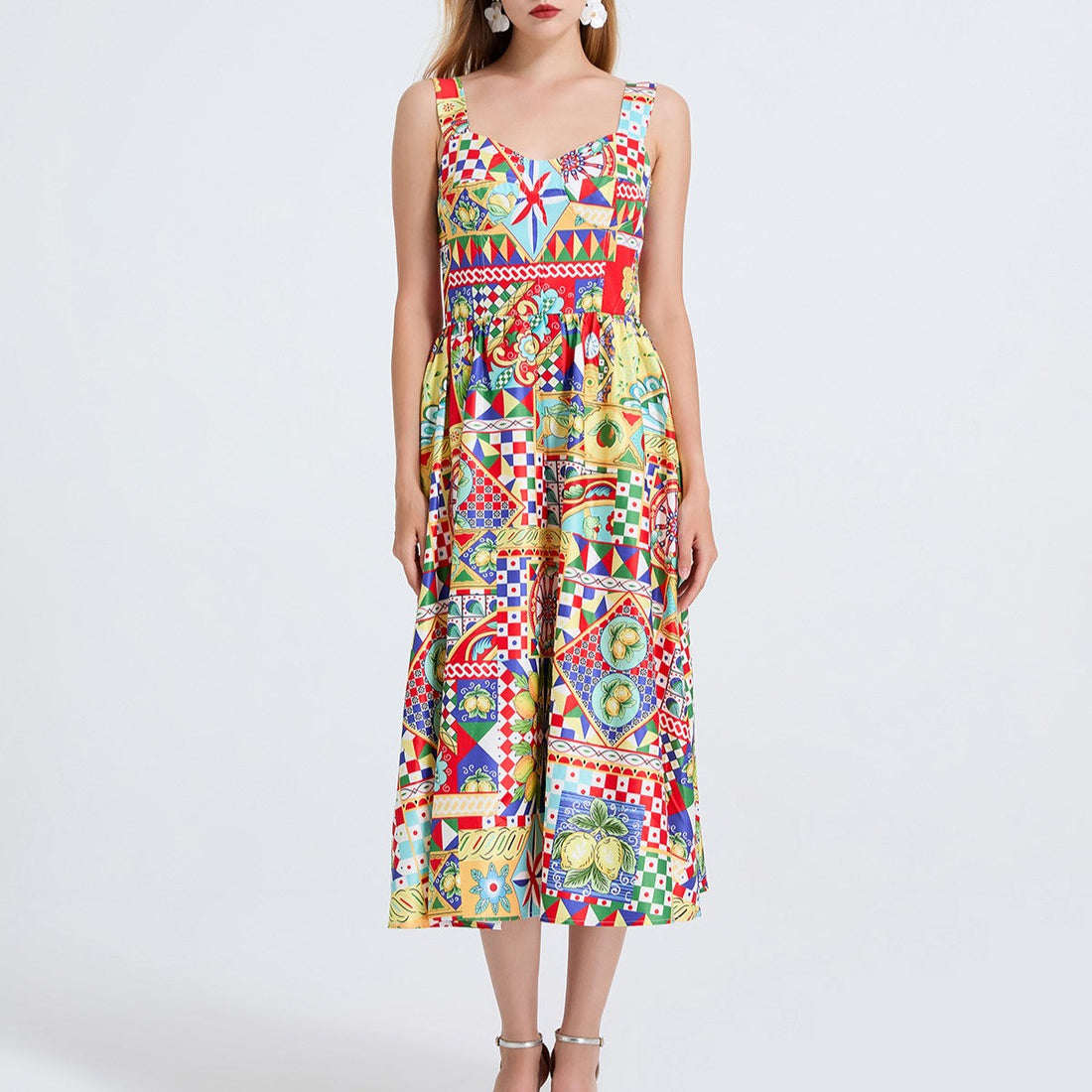 Women Printed Spaghetti Strap Dress With Elastic Back And High Waist by Ragazza