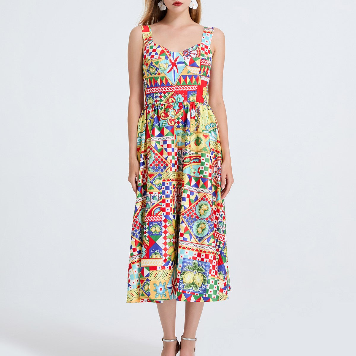 Women Printed Spaghetti Strap Dress With Elastic Back And High Waist by Ragazza