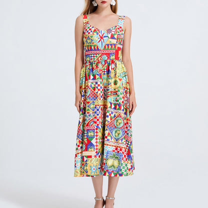 Women Printed Spaghetti Strap Dress With Elastic Back And High Waist by Ragazza