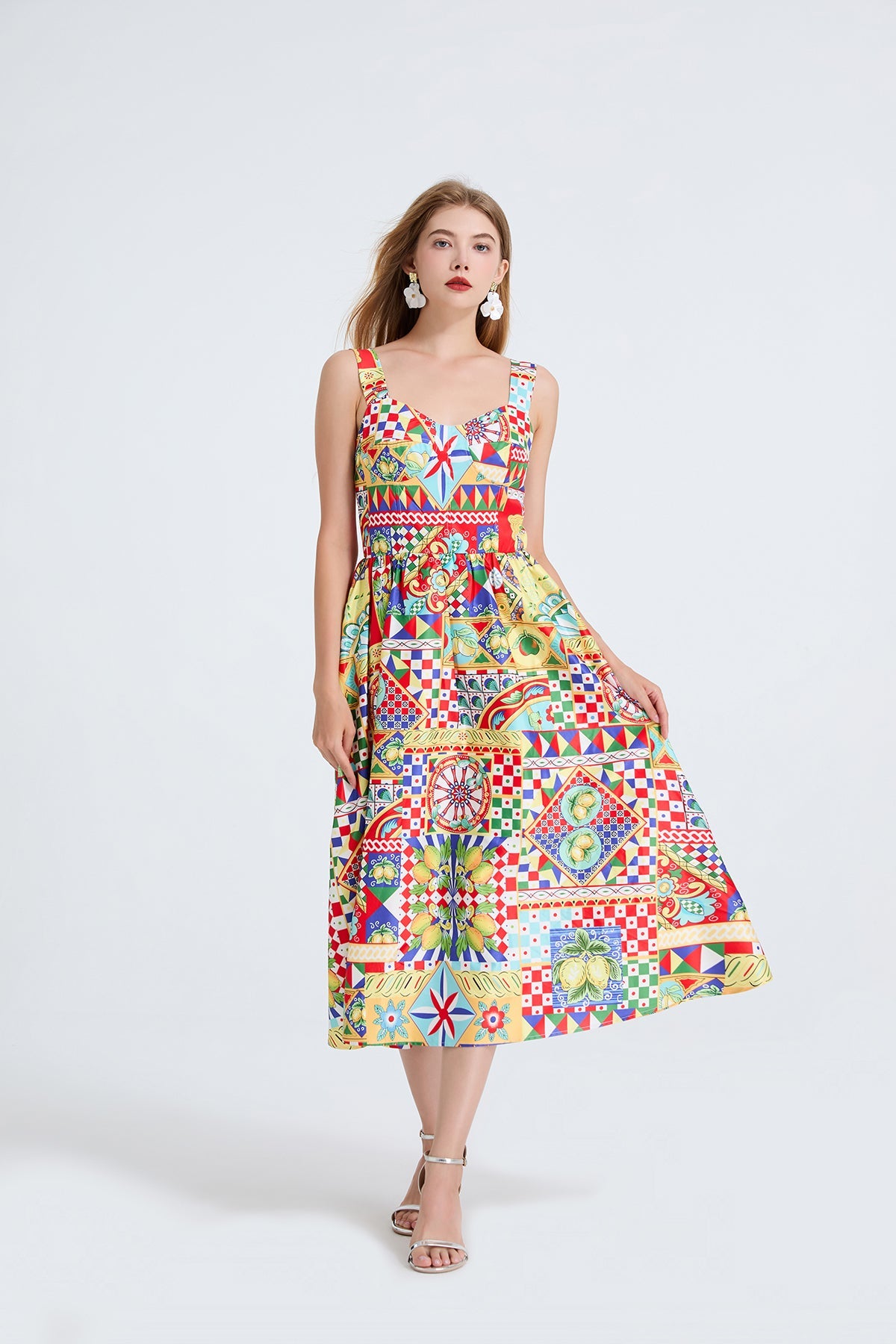Women Printed Spaghetti Strap Dress With Elastic Back And High Waist by Ragazza