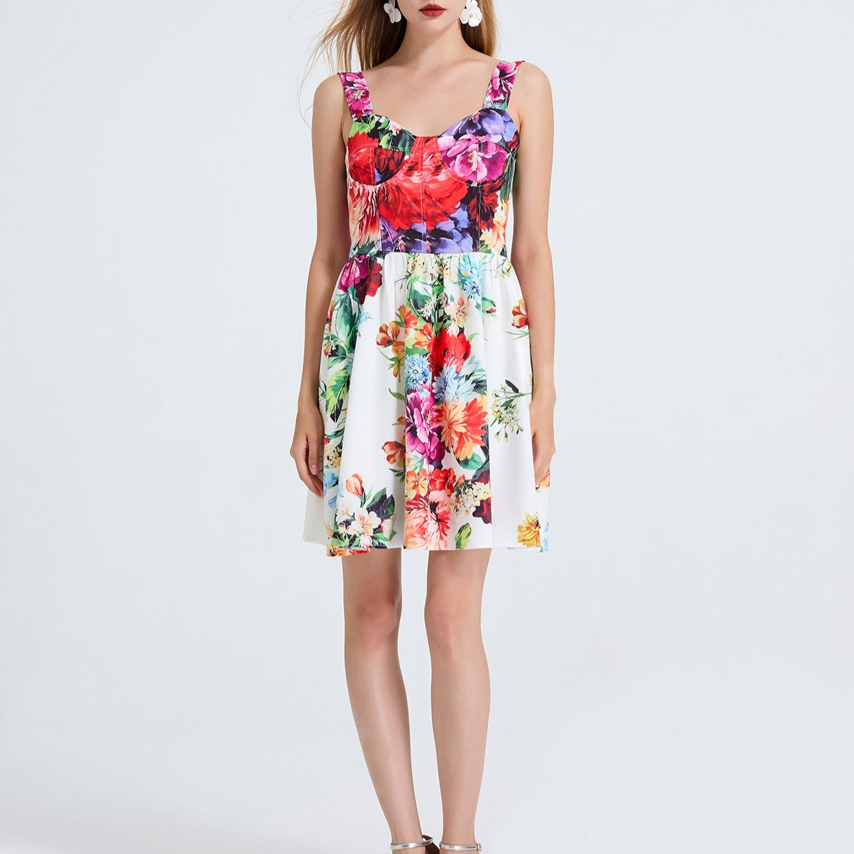 Women High Waisted Printed Halter Top Short Dress With Elastic Back Straps by Ragazza