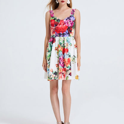 Women High Waisted Printed Halter Top Short Dress With Elastic Back Straps by Ragazza
