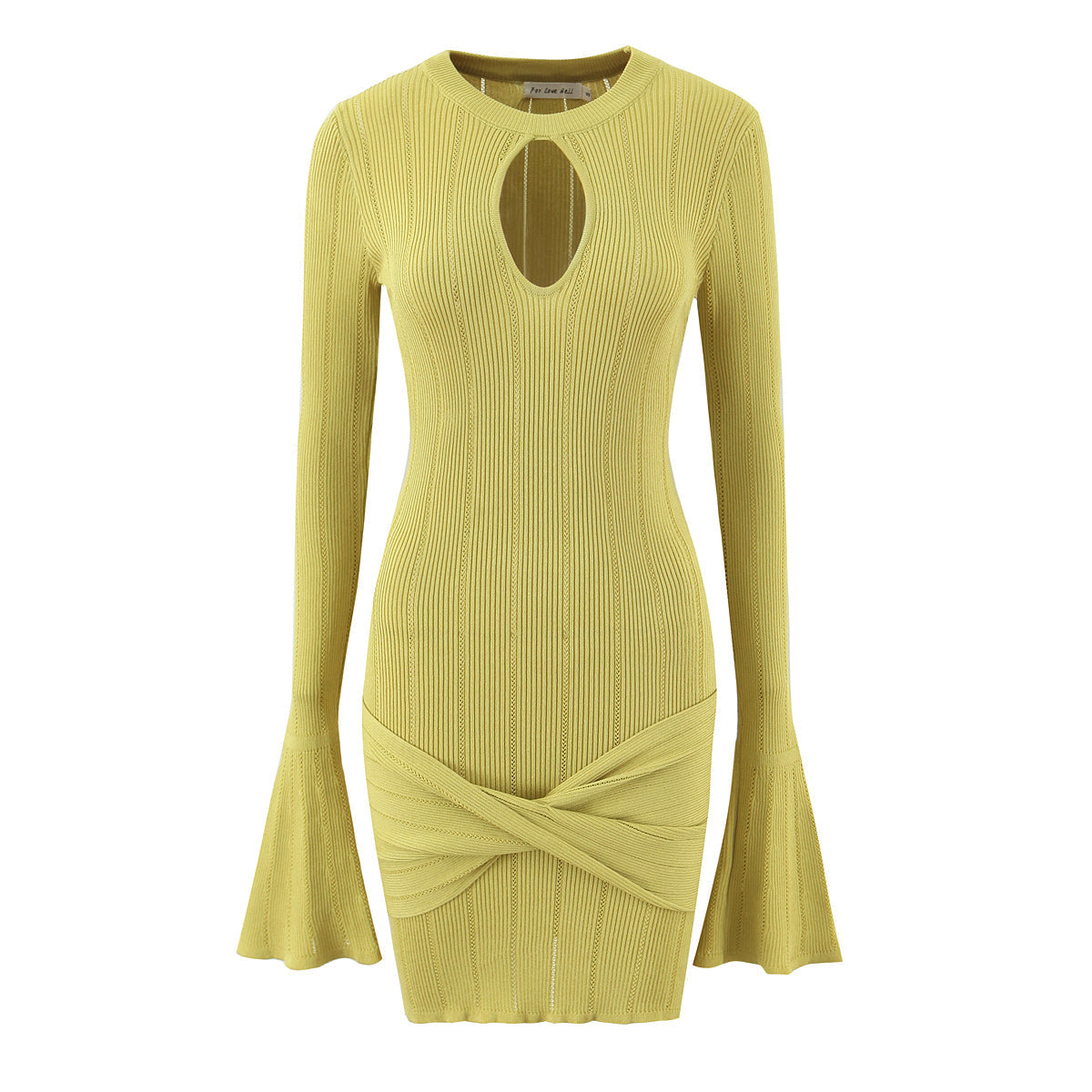 Women Clothing Summer Hollow Out Cutout Slim Sheath Flare Sleeve Knitted Long Sleeved Dress by Ragazza