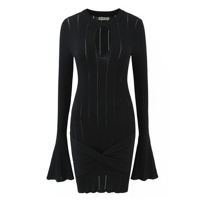 Women Clothing Summer Hollow Out Cutout Slim Sheath Flare Sleeve Knitted Long Sleeved Dress by Ragazza
