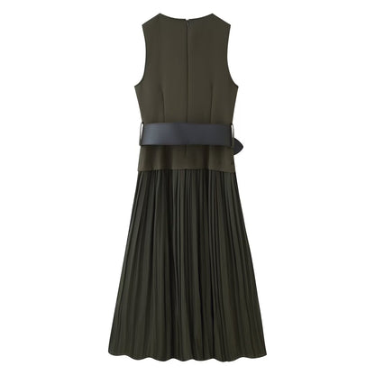 Women Clothing Autumn Lightly Mature with Belt Stitching Ruffle Midi Dress by Ragazza