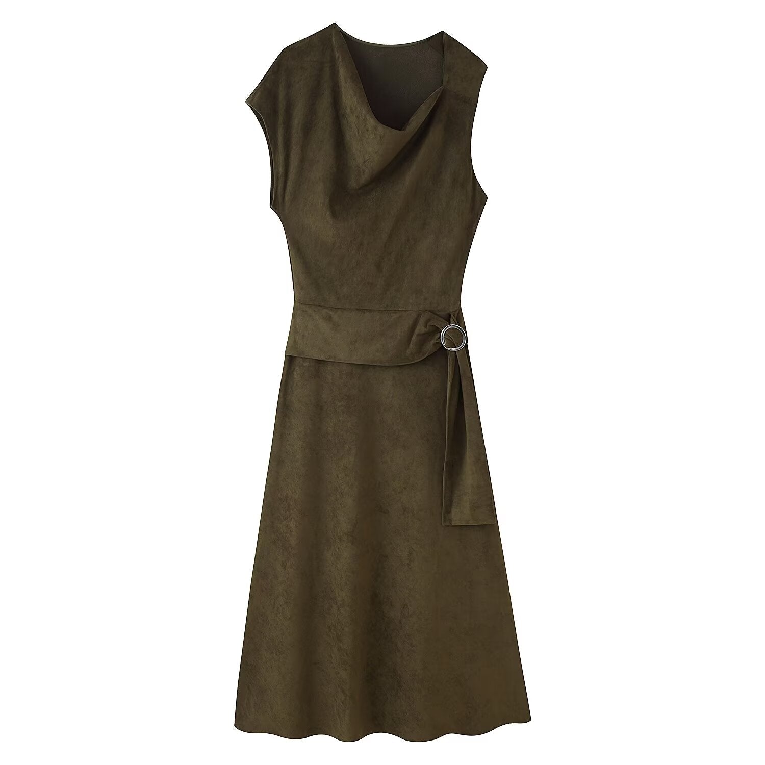 Early Autumn Women Clothing French Suede Leather Mid-Length Irregular Asymmetric Dress by Ragazza