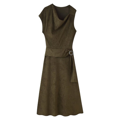 Early Autumn Women Clothing French Suede Leather Mid-Length Irregular Asymmetric Dress by Ragazza
