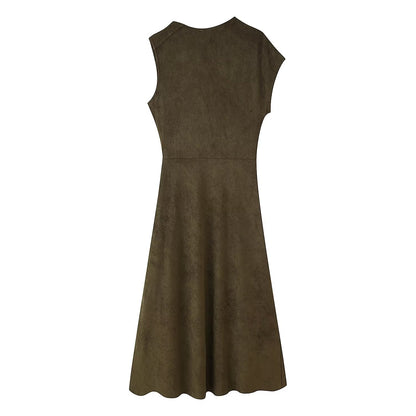 Early Autumn Women Clothing French Suede Leather Mid-Length Irregular Asymmetric Dress by Ragazza