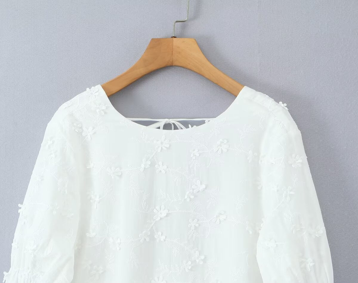 Women Clothing Fashionable Embroidery Three Dimensional Floral Backless Horse Hoof Sleeve Dress by Ragazza
