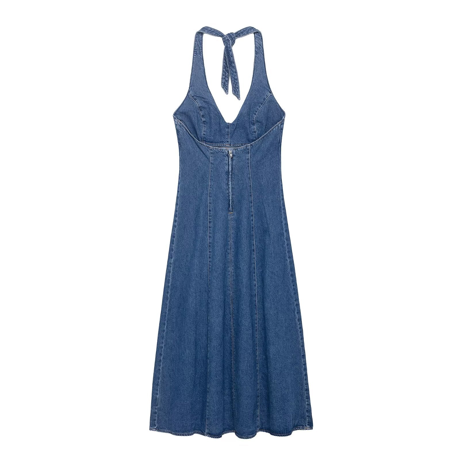 Women Clothing Autumn Halter V Neck Denim Dress by Ragazza