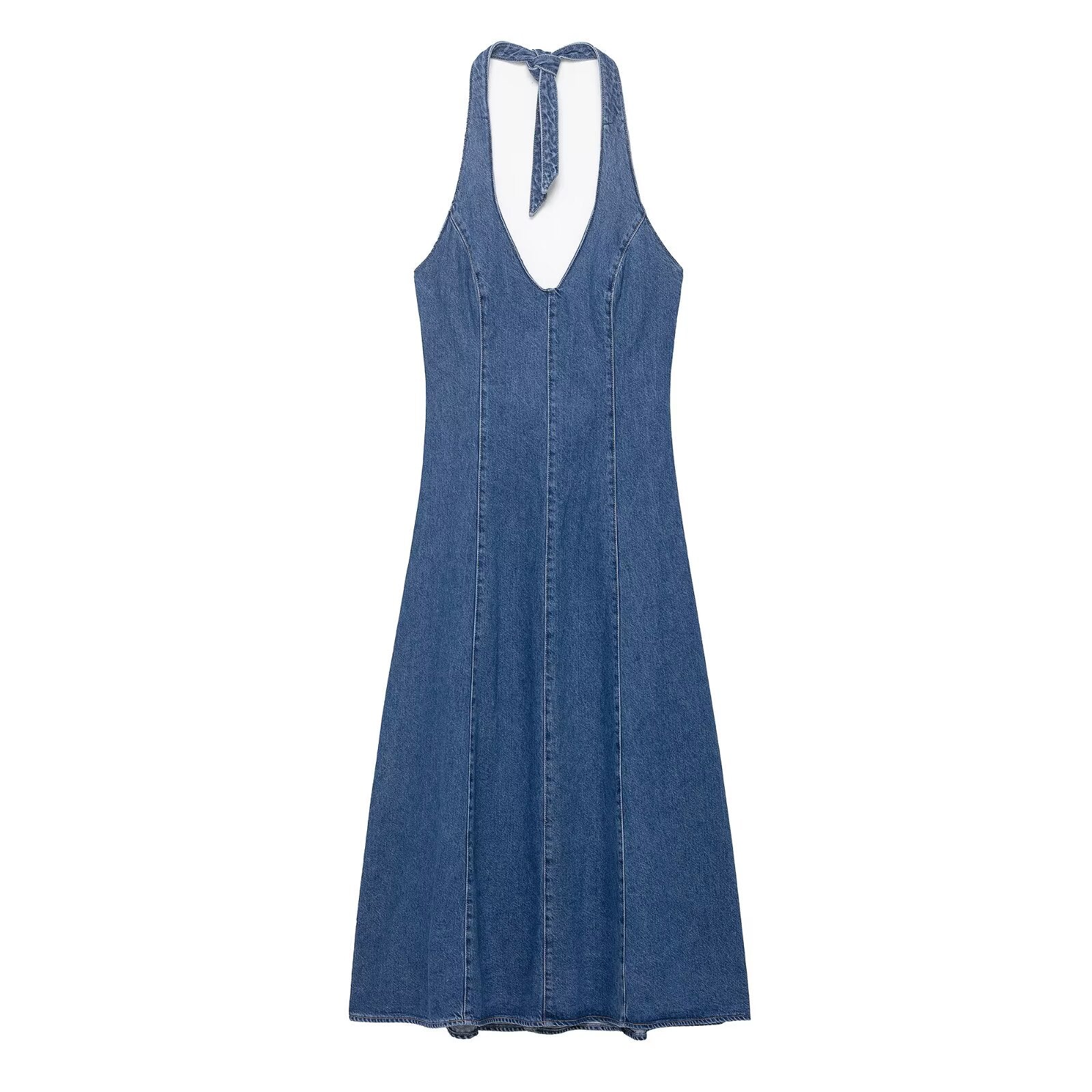 Women Clothing Autumn Halter V Neck Denim Dress by Ragazza
