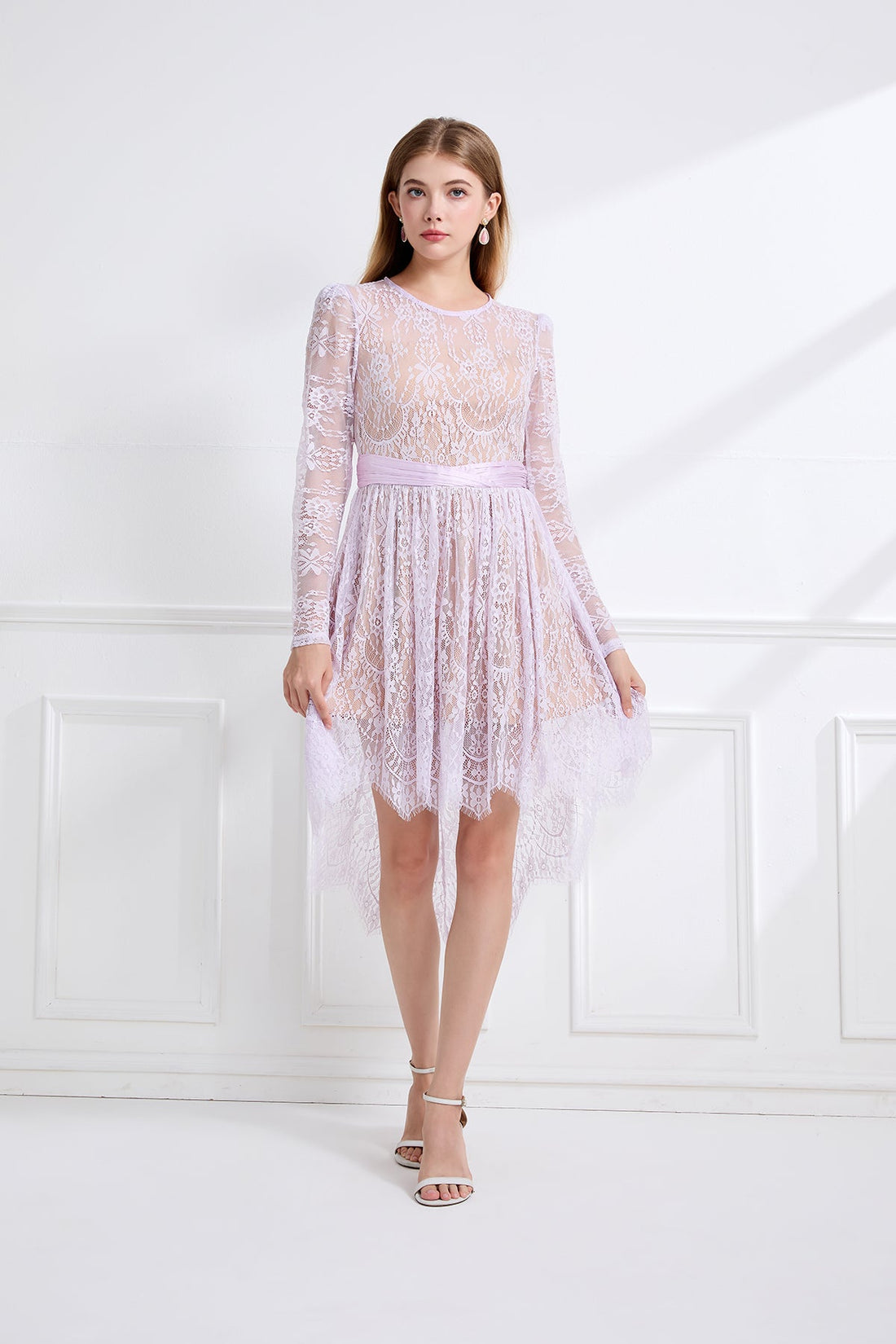 Women Lace Patchwork Pleated Waist Round Neck Long Sleeve Dress With A Shorter Front And Longer Back Design by Ragazza