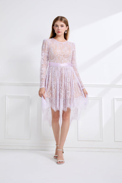 Women Lace Patchwork Pleated Waist Round Neck Long Sleeve Dress With A Shorter Front And Longer Back Design by Ragazza