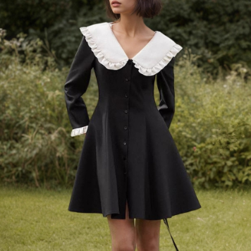 Black White Contrast Color Doll Collar Short Women Elegant Pleated A line Dress by Ragazza
