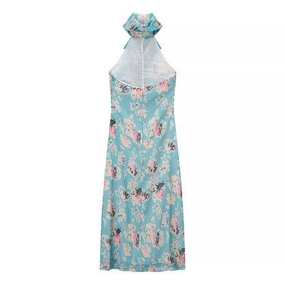 Women Clothing Autumn Socialite Artistic Printed Backless Design Halter Dress by Ragazza