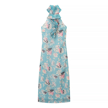 Women Clothing Autumn Socialite Artistic Printed Backless Design Halter Dress by Ragazza