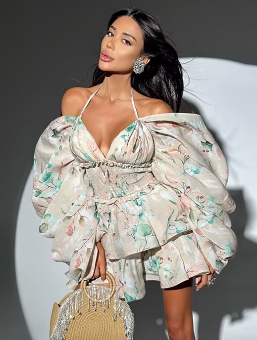 Women Clothing Autumn Short Sexy Wind Backless Design Slimming Lotus Leaf Printed Dress by Ragazza