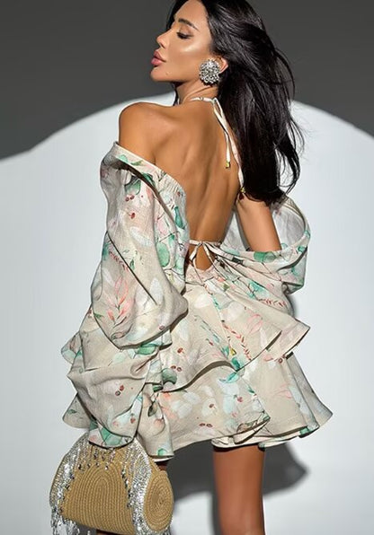 Women Clothing Autumn Short Sexy Wind Backless Design Slimming Lotus Leaf Printed Dress by Ragazza