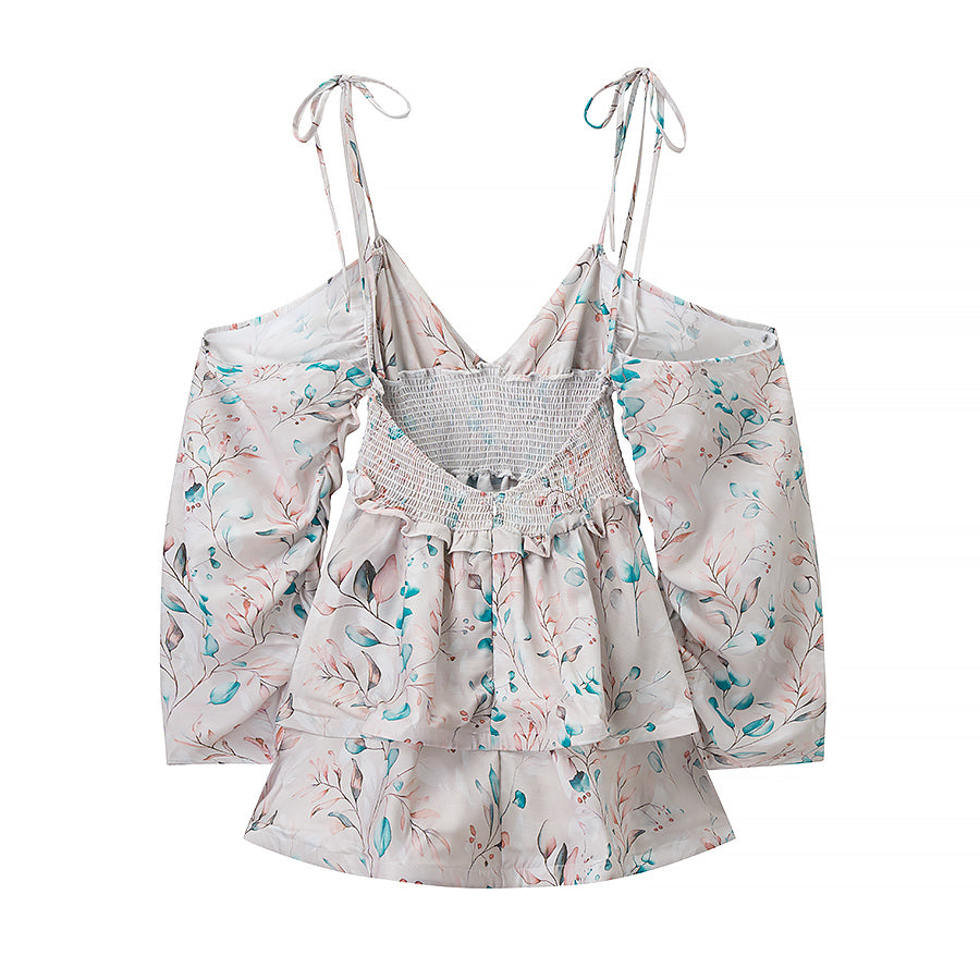 Women Clothing Autumn Short Sexy Wind Backless Design Slimming Lotus Leaf Printed Dress by Ragazza