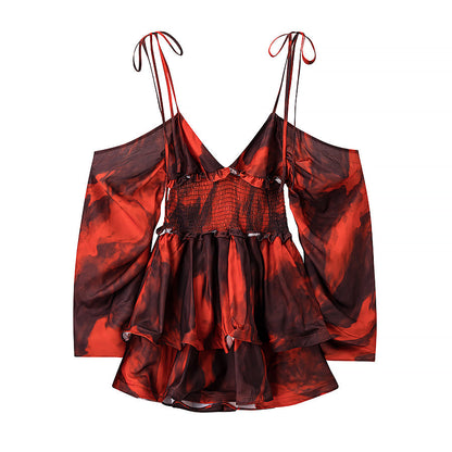 Women Clothing Autumn Short Sexy Wind Backless Design Slimming Lotus Leaf Printed Dress by Ragazza