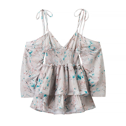 Women Clothing Autumn Short Sexy Wind Backless Design Slimming Lotus Leaf Printed Dress by Ragazza