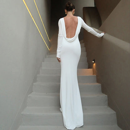 Autumn Winter Solid Color Elegant Sexy Backless Formal Dress Chain Long Sleeve Slim Dress by Ragazza