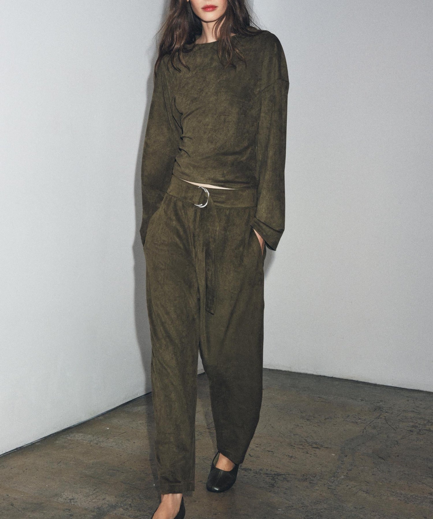 Women Clothing Waist Pleated Suede T shirt Top Belt Pants Suit Women by Ragazza