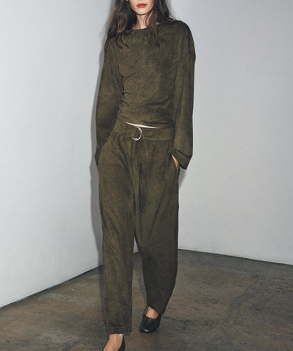 Women Clothing Waist Pleated Suede T shirt Top Belt Pants Suit Women by Ragazza