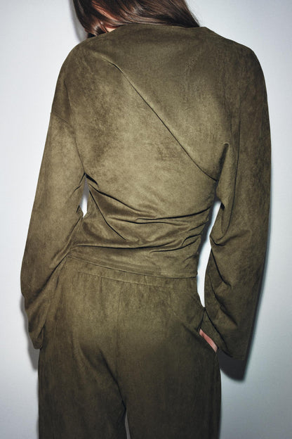 Women Clothing Waist Pleated Suede T shirt Top Belt Pants Suit Women by Ragazza