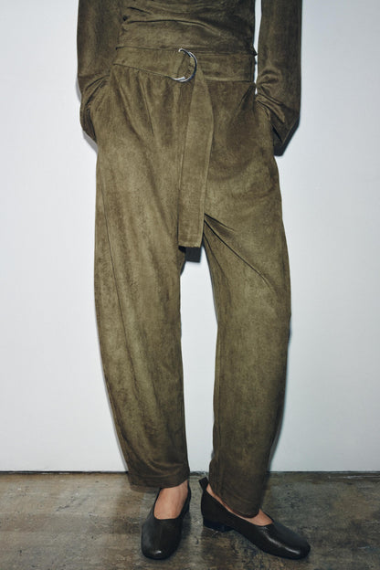 Women Clothing Waist Pleated Suede T shirt Top Belt Pants Suit Women by Ragazza