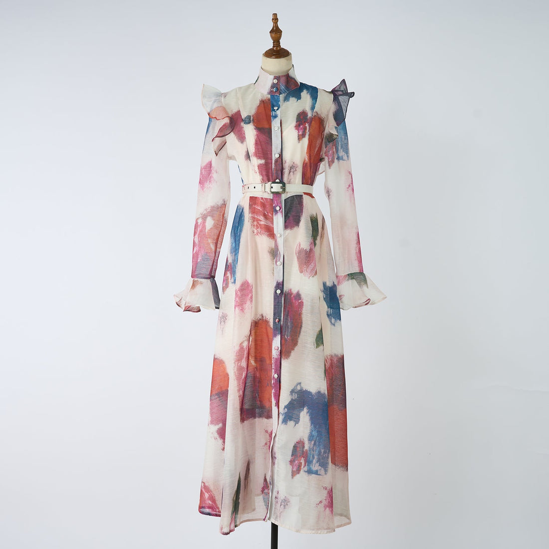 Women Retro And Sophisticated Lady Flared Sleeve French Style Gentle High End Unique And Stylish Belted Lace Printed Dress by Ragazza