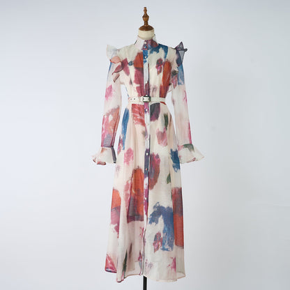 Women Retro And Sophisticated Lady Flared Sleeve French Style Gentle High End Unique And Stylish Belted Lace Printed Dress by Ragazza