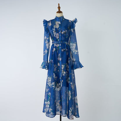 Women Retro And Sophisticated Lady Flared Sleeve French Style Gentle High End Unique And Stylish Belted Lace Printed Dress by Ragazza