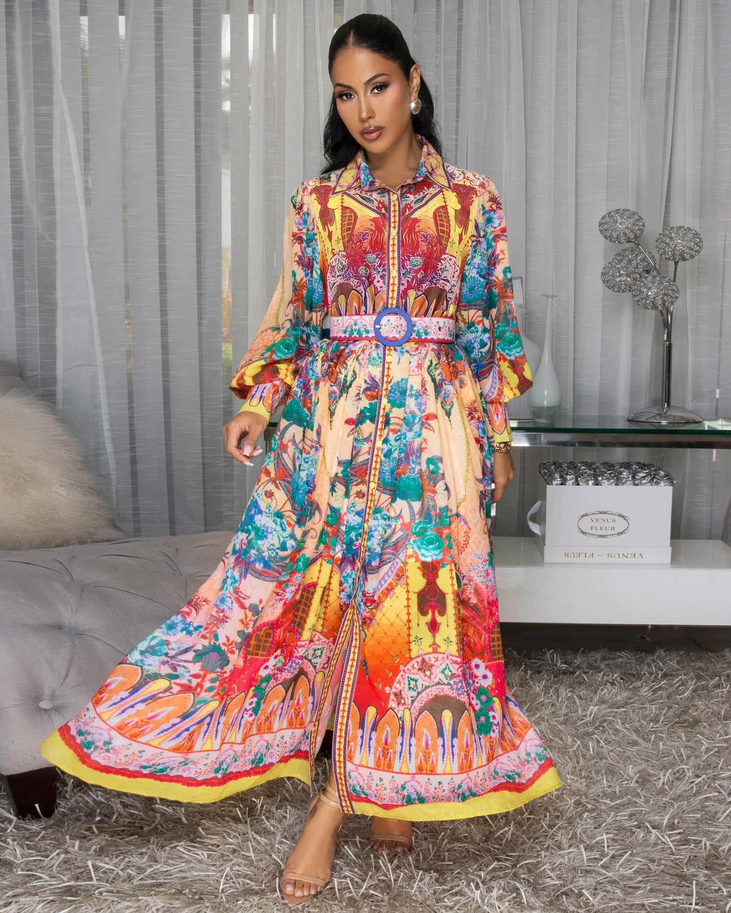 Fall Lapels Lantern Sleeve Waist Tight Ethnic Painted Printing Comfort Casual Maxi Dress Women by Ragazza