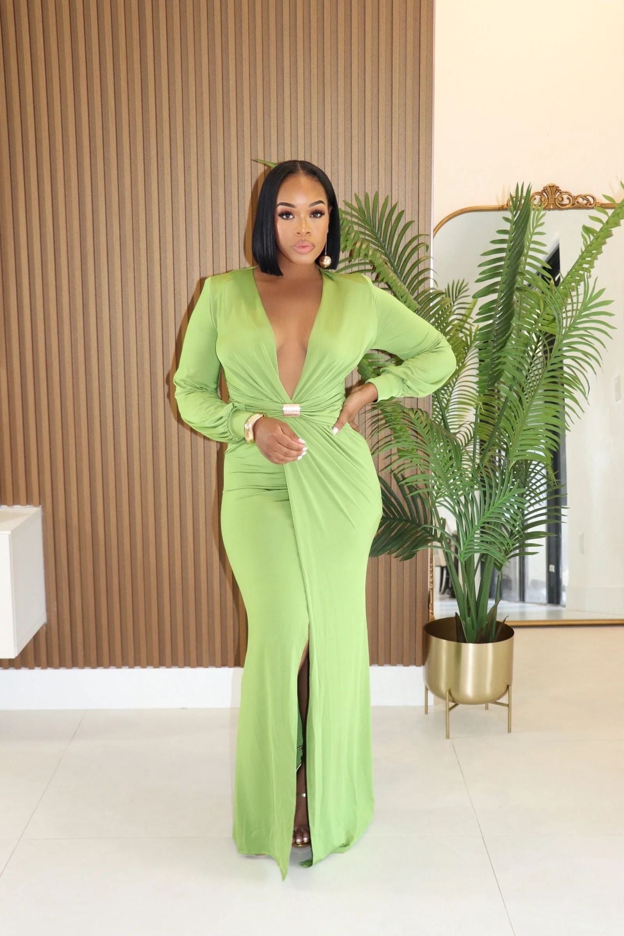Women Deep V Plunge Long Sleeve Waist Sheath Sexy Split Solid Color Autumn Winter Maxi Dress by Ragazza