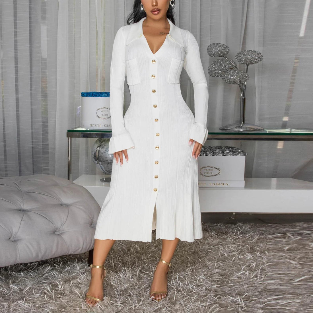Women Wear V neck Solid Color Dress Single Breasted Long Sleeve Dress by Ragazza